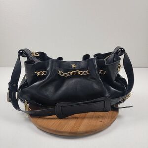 Burberry Black Leather Chain-Link‎ Shoulder Bag Purse Horse Logo Italy Rare HTF